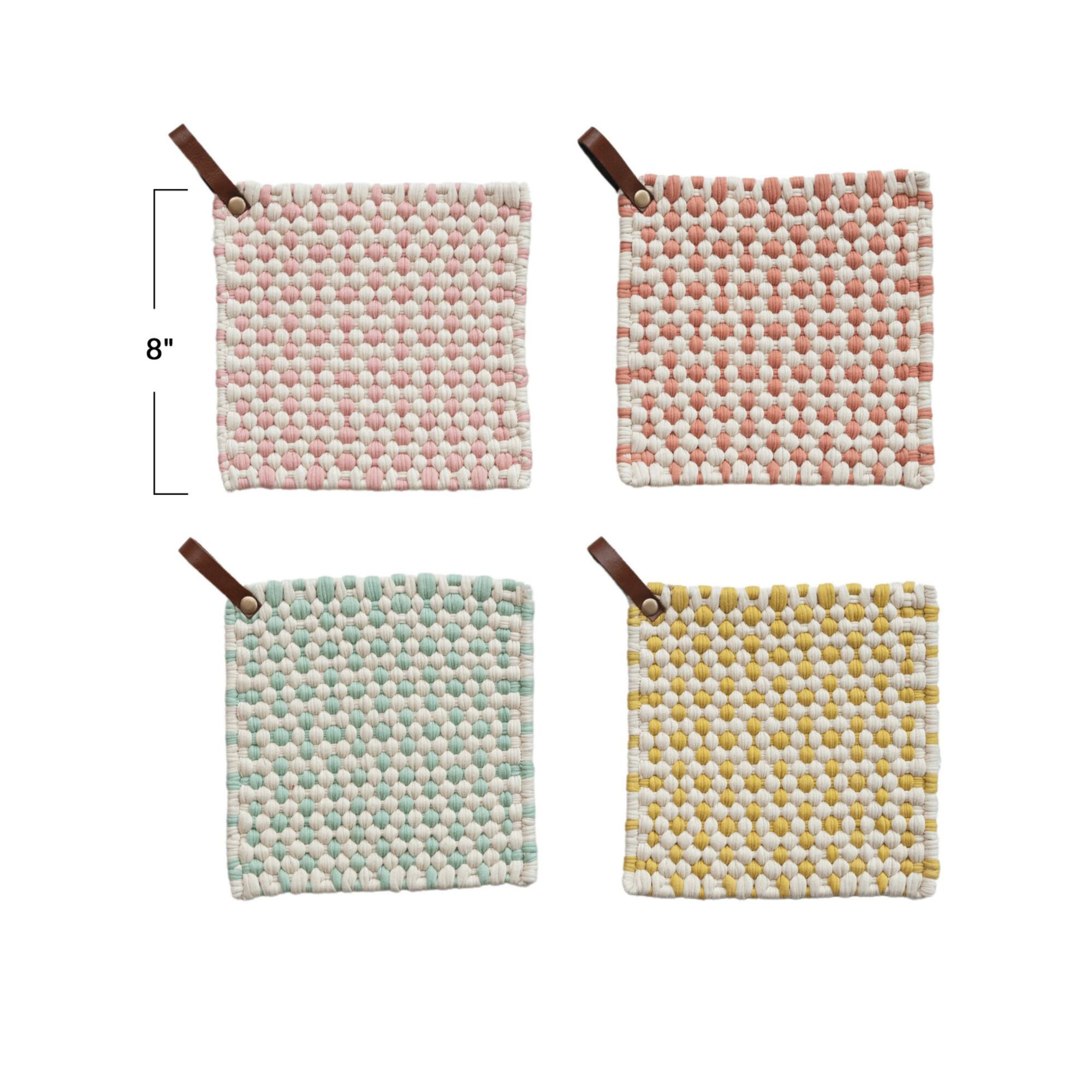 Hello Honey® Light Hue Cotton Crocheted Pot Holders with Leather Loops Set